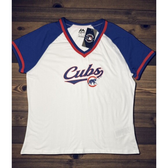 Chicago Cubs Genuine Merch Majestic Brand Womens Vneck Tshirt white/blue X-Large - Picture 1 of 4